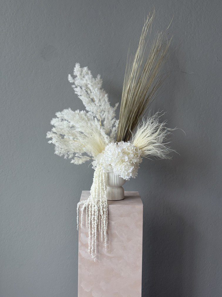 Preserved flower vase arrangement with neutral tones by Melbourne florist Fay Flowers Studio