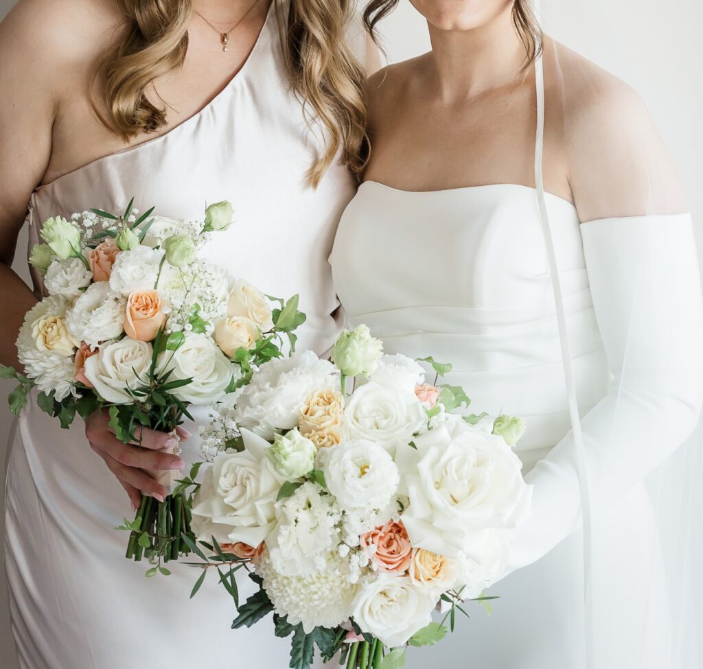 Chic White Wedding Bouquets Melbourne – Bridal Party Floral Style Bridal party holding white bouquets flowers Melbourne outdoor wedding