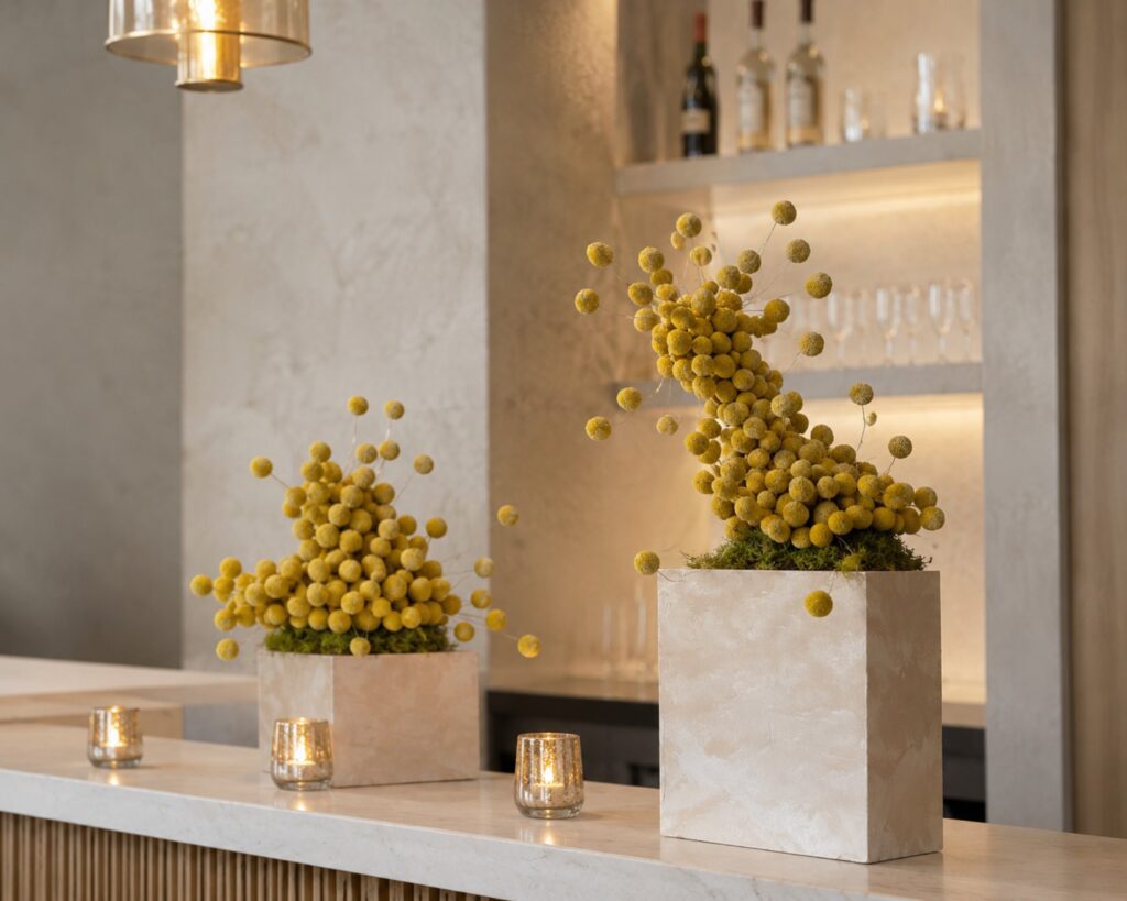 Modern floral design on bar counter flowers Melbourne venue styling