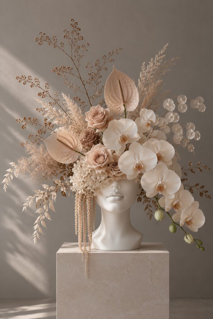 Mannequin head decorated with an artistic floral arrangement featuring fresh flowers and foliage