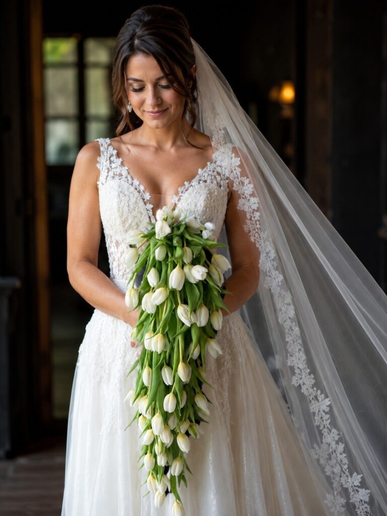 Bride Holding a Tulip Bouquet – Melbourne Wedding Flowers Bride holding an elegant tulip bouquet featuring fresh seasonal tulips in a contemporary wedding design.