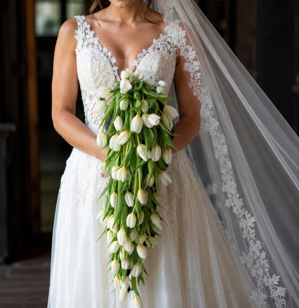 Bride Holding a Tulip Bouquet – Melbourne Wedding Flowers - Fay Flowers Studio Bride holding an elegant tulip bouquet featuring fresh seasonal tulips in a contemporary wedding design.