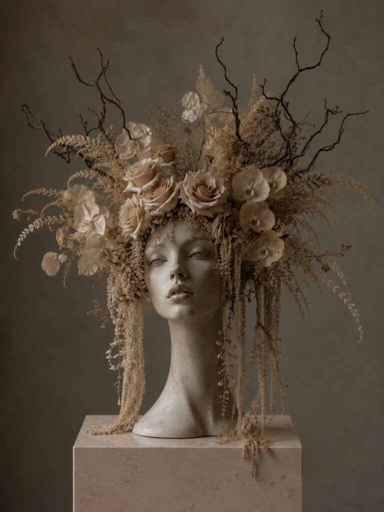 Floral Art Display on Mannequin Head Creative floral installation on a mannequin head with layered blooms and botanical elements