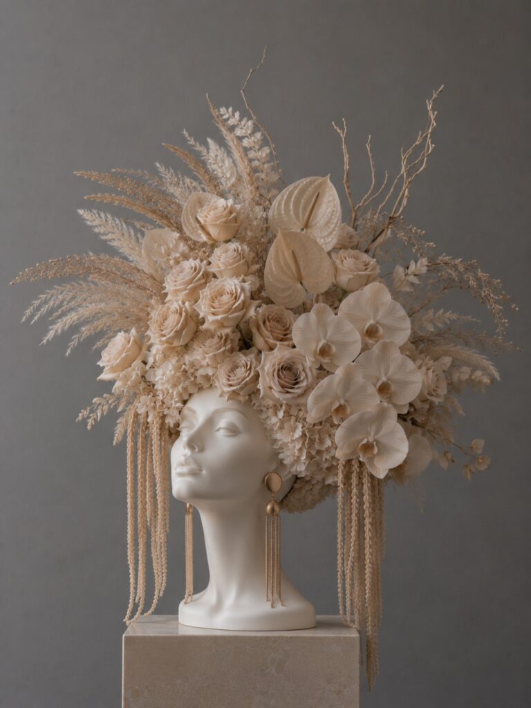 Floral Mannequin Art Creation Mannequin head decorated with a floral design showcasing blooms and natural textures