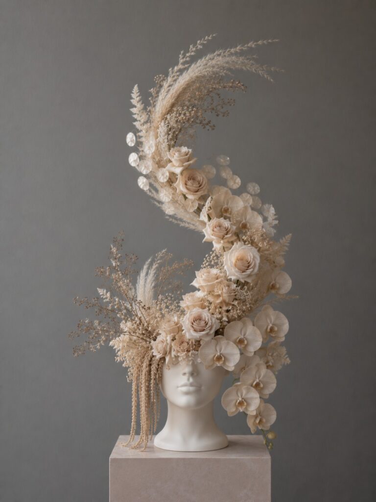 Floral Sculpture on Mannequin Head Decorative mannequin head adorned with floral accents and lush greenery