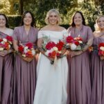 Bride and bridesmaids holding red bouquets flowers Melbourne wedding