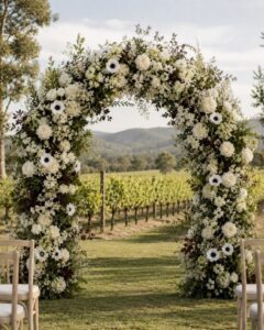 Modern white and green floral wedding arch overlooking a vineyard in Yarra Valley, Melbourne, featuring premium seasonal flowers in an elegant ceremony setting.