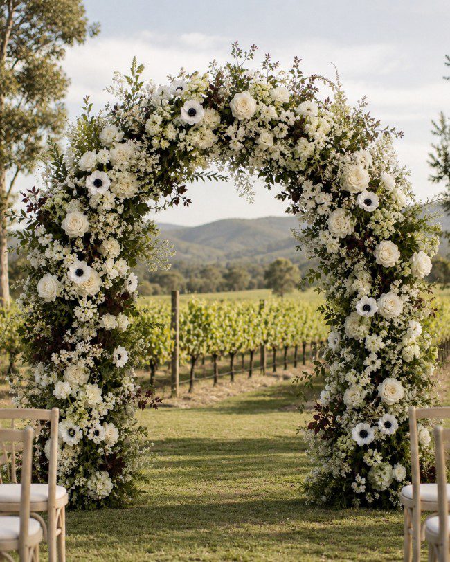 Luxury Floral Wedding Arch at a Yarra Valley Winery Fay Flowers Studio Modern white and green floral wedding arch overlooking a vineyard in Yarra Valley, Melbourne, featuring premium seasonal flowers in an elegant ceremony setting.